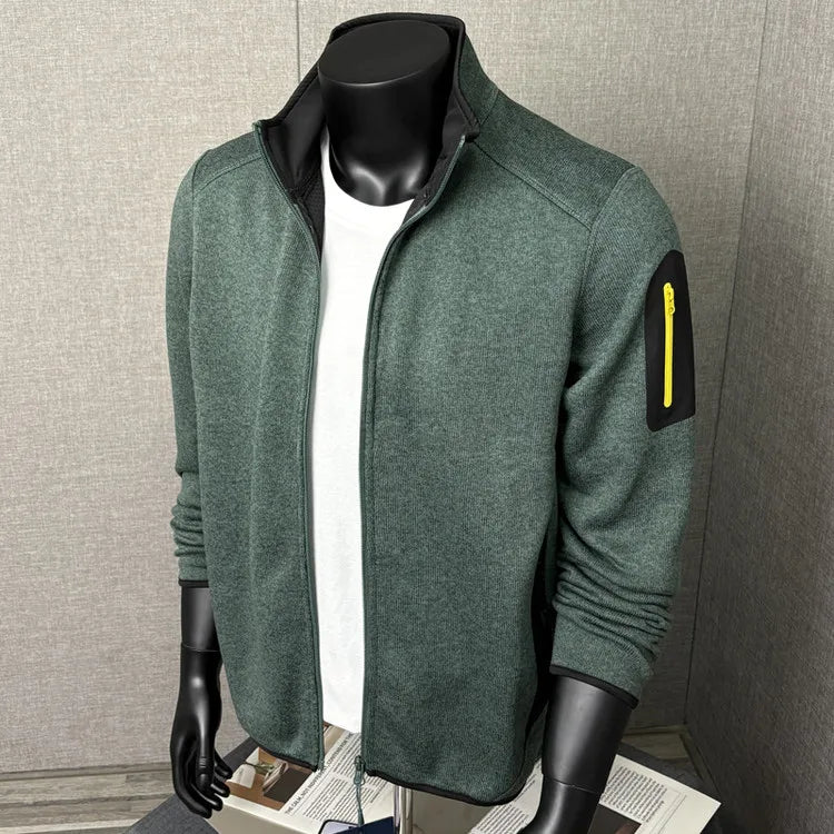 Outdoor Thermal Jacket - 3D Tailored Knit Cardigan with Fleece-Lined Windproof Stand Collar, Reversible Dual-Purpose Wear