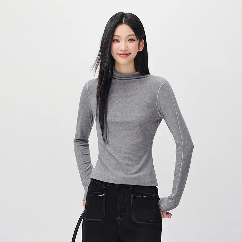 Semir Women Knit Tshirt Thermal Warmth Mock Neck Regular Shoulder Slim Fit Versatile 2026 New Winter Daily Wear