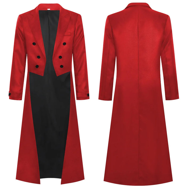 Men's Punk-style Black Tailcoat, Red Double-breasted Trench Coat, Available in Blue and Green.