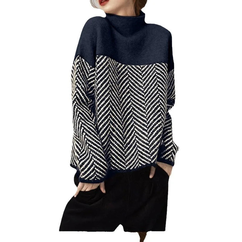 Women Sweater Pullover Top New Long Sleeve Knitwear Autumn Winter Ladies Bottoming Shirt Patchwork Color Jumper Spring Clothes
