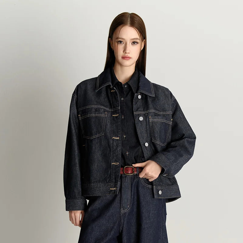 Semir Women Jacket Denim Distressed Turn Down Collar Drop Shoulder Loose Fit 2026 Autumn Vintage Streetwear Outerwear