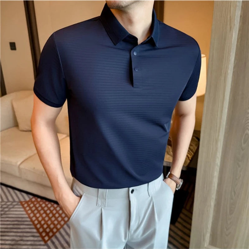 Men Summer Short Sleeve Striped Polo Shirt Slim Fit Elastic Solid Color Business Casual T-Shirt