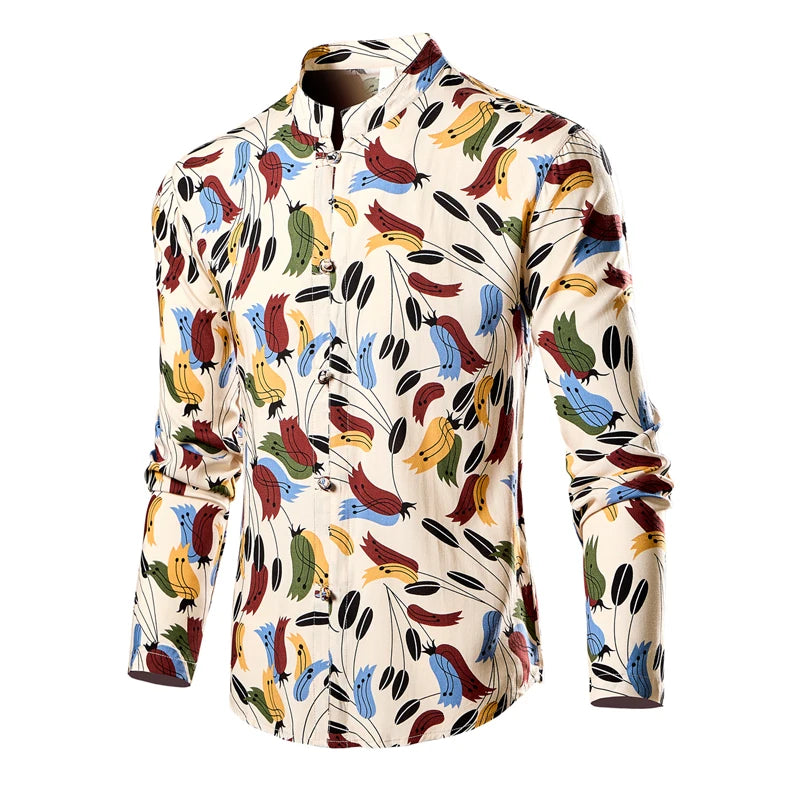 Chinese Style Men's Red Stand-up Collar Long-sleeved Shirt, Single-breasted Printed Shirts, Fashion Casual Camisas. New 2026