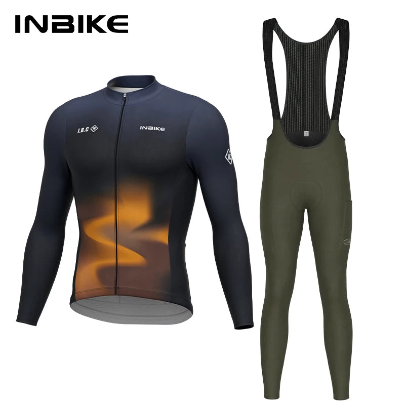 INBIKE Men‘s Winter Thermal Fleece Cycling Jersey and Bib Pants Set Long Sleeve Breathable Padded Road Bike Suit MTB Clothing
