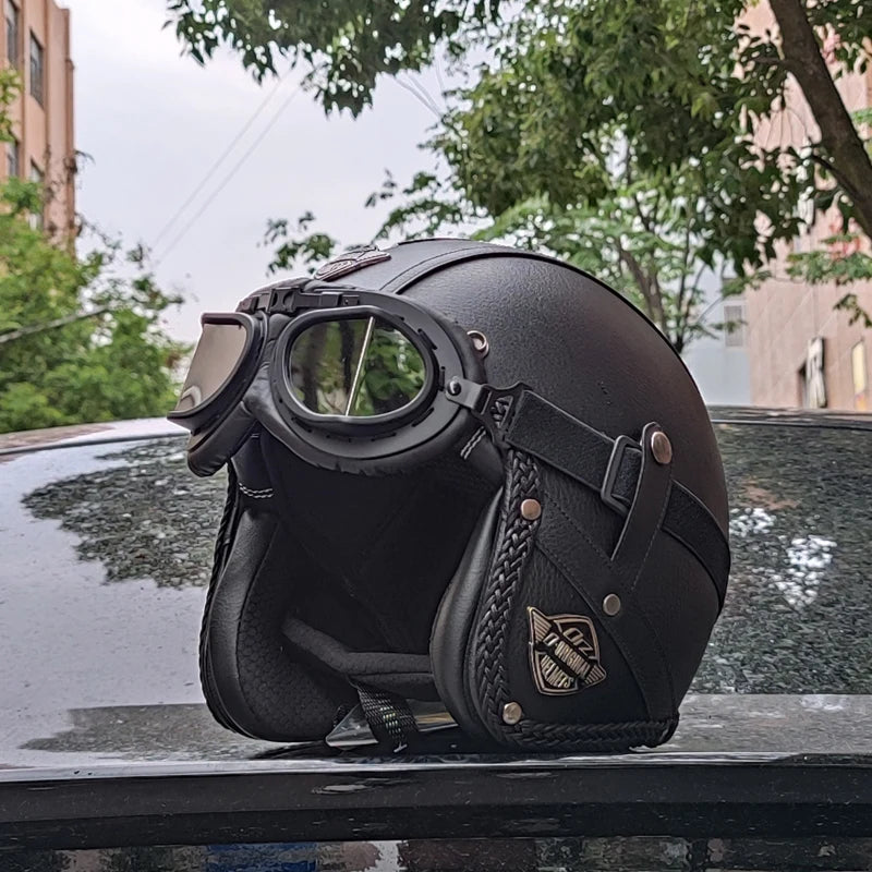 High quality PU leather retro 3/4 motorcycle helmet, suitable for scooters, cruising motorcycles, and half helmets