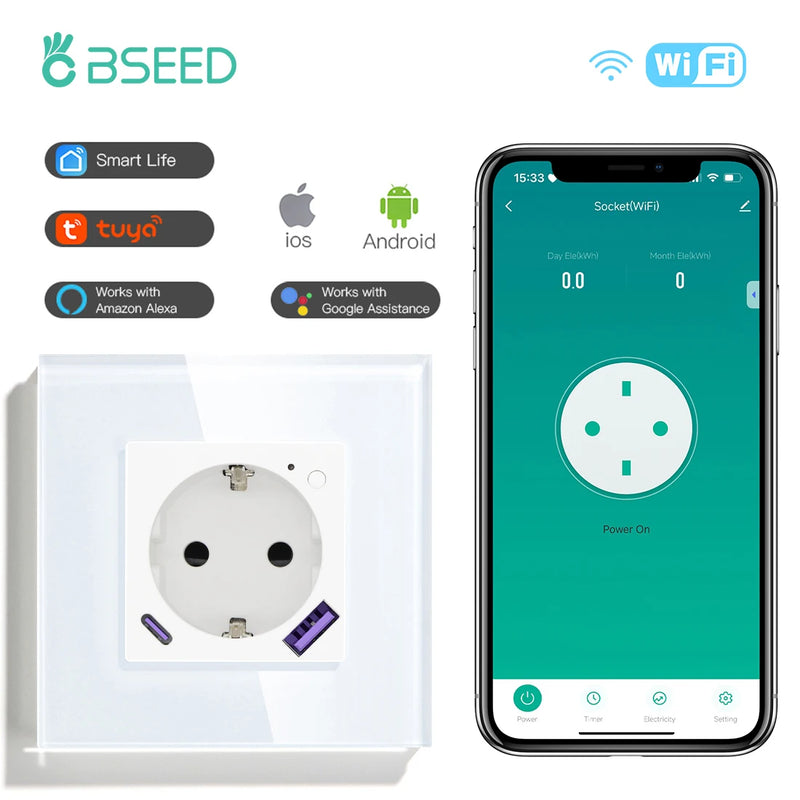 BSEED EU Standard Wifi Smart Socket With 20W USB Type-C Port Power Monitor Timing Function Tuya Alexa Smart Home Control 16A