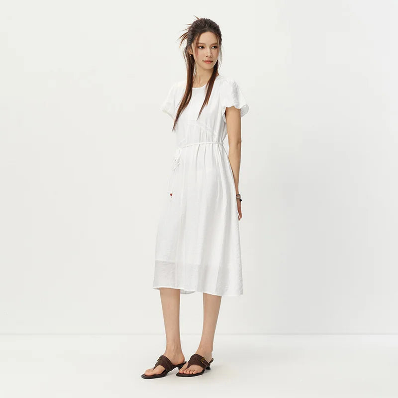 Semir Women Dress Puff Sleeve Waist Cinching Textured Maxi Elegant Vacation White 2026 Summer Romantic Style Top