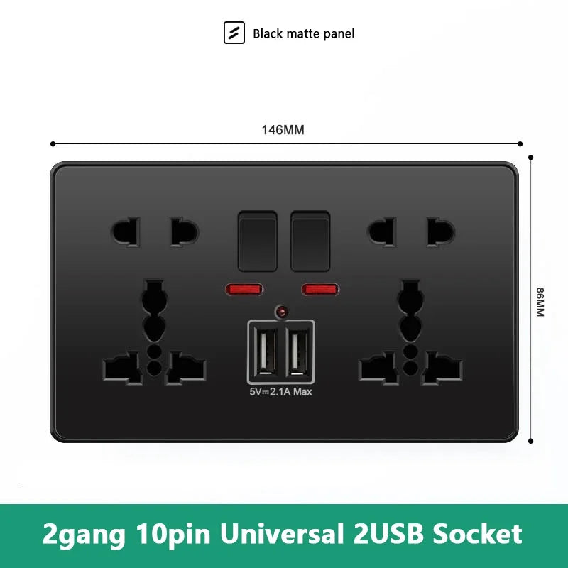 Universal 18W Fast Type C Wall 220V Power Outlet Plug, UK Black 13A Socket Switch, Electrical Wall Socket Panel with USB Charger