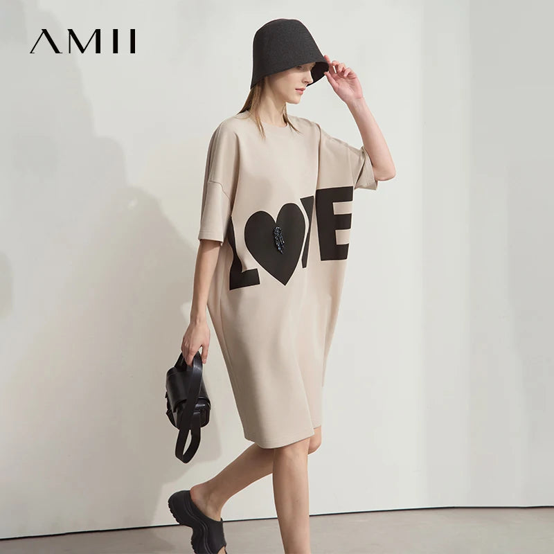 Amii Women's Printed Short Sleeve Dress Round Neck Loose Elastic Long Dress 2026 Summer New Fashion Knitted Clothing 12512014