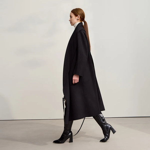AMII Wool Coat Women 2026 Winter New Cashmere Double-sided Women's Jacket With Belt Lapel Solid Color Loose Long Coat 12544098
