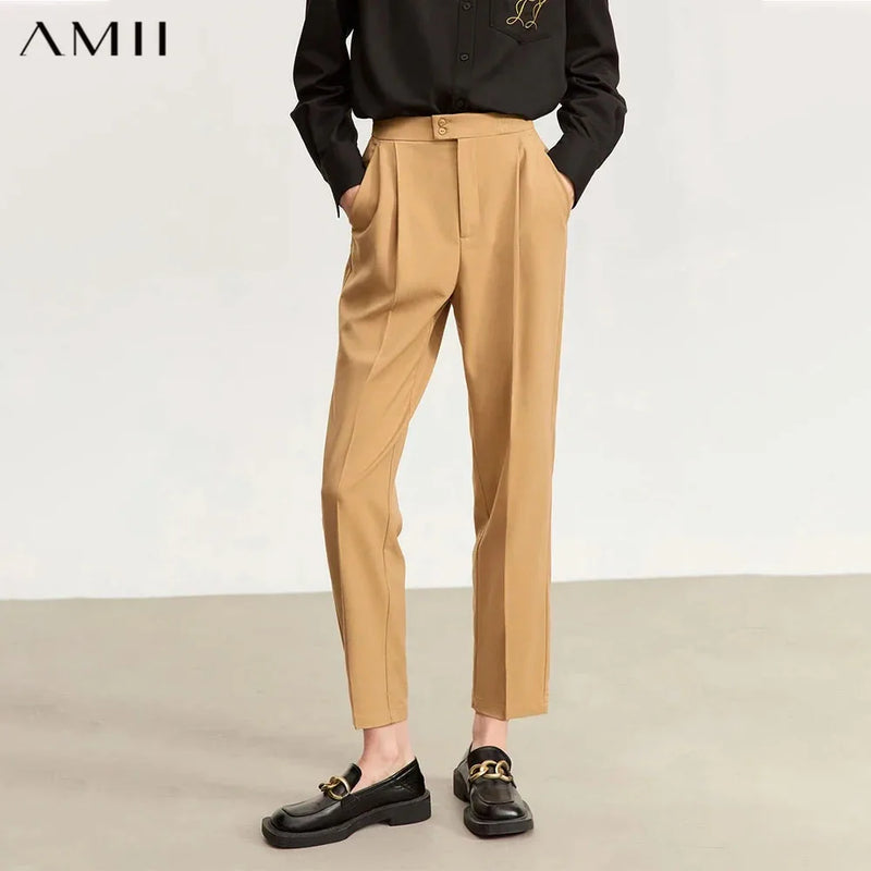 AMII 2026 Autumn New Women Anklie-length Pants Commuter Basics Embroidery Tapered Pants Casual Straight Trousers Female 12343053