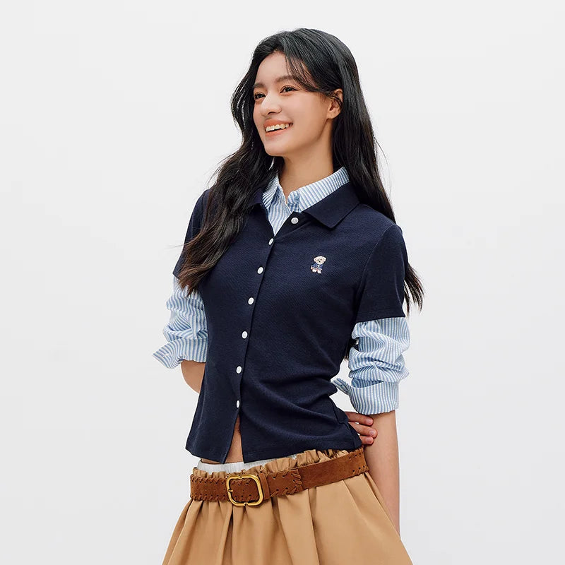Semir Women Polo Shirt Puppy Embroidery Slim Straight Shoulder Summer 2026 Minimal Cardigan Style Casual Fashion Top