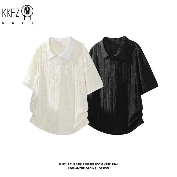 Men Lapel Collar Polo Short Sleeve Top Rhombus Jacquard Weave Partial Button Closure For Youth Casual Street Fashion Style