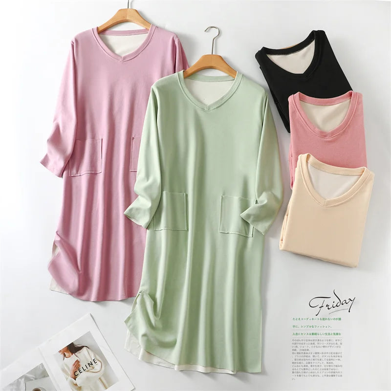 Warm V-neck Home Dress Women's Winter Plush Self Heating Sleeping Large Size Loose Thickened Nightgowns Female Nightdress