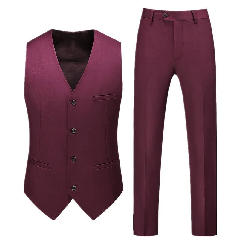 2026 Men's Bright Red V-Neck Sleeveless Vest with Pants, Green Gray Black White Purple Waistcoat and Trousers Asian Size Sets