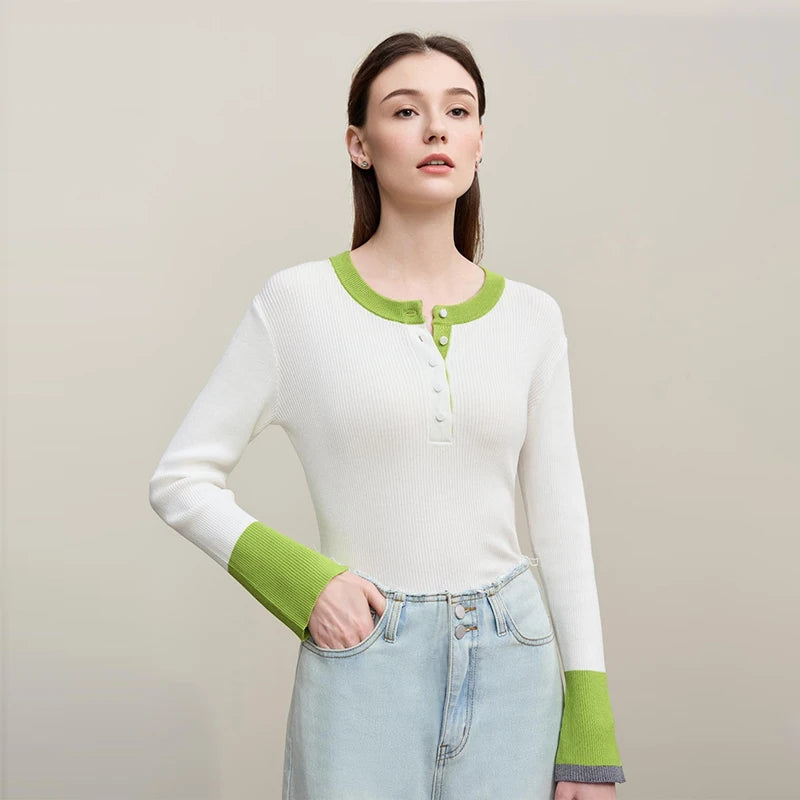 Amii Women's Autumn Commuter Sweater 2026 New Round Neck Contrasting Color Knitted Sweater Button Half-placket Slim Top 12621047
