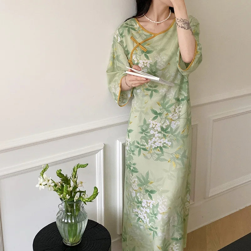 Half Sleeve Length Sleep Shirts For Women Printed Cotton Nightgowns Vintage Slim Ladies Sleepwear Dress Home Wear Nightshirt