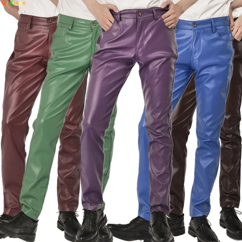 New Fall Collection: Men's Purple PU Pants—Fitted Faux Leather Motorcycle Trousers Available in Black,Blue,Green,Red,Gray,Khaki.