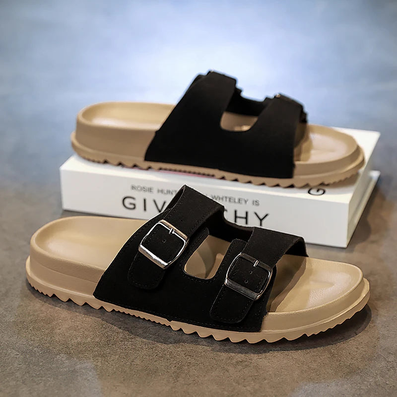 Summer Mens Microfiber Leather Slides Slippers With Adjustable Buckle Sandals Lightweight Anti Slip Slippers Cheap