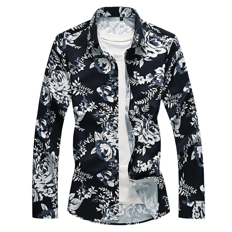Asian Size Small Stretch Men' Long Sleeve Printed Shirts, Fashion Casual Flower Shirt, Single Breasted Square Collar Tops Camisa