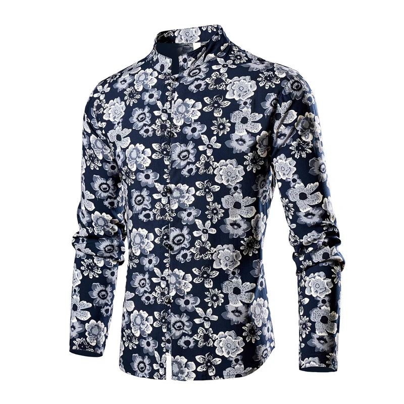 Chinese Style Men's Red Stand-up Collar Long-sleeved Shirt, Single-breasted Printed Shirts, Fashion Casual Camisas. New 2026