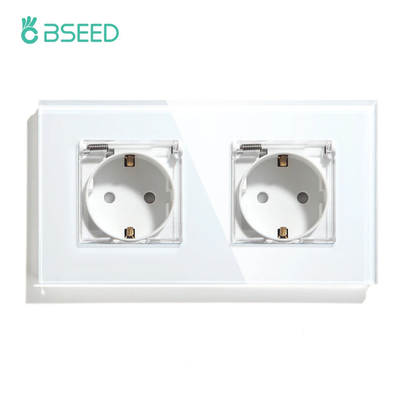 BSEED EU Standard Single Power Sockets With Waterproof Cover Double Wall Outlet Bathroom Triple Plugs 16A Crystal Panel 110-250V