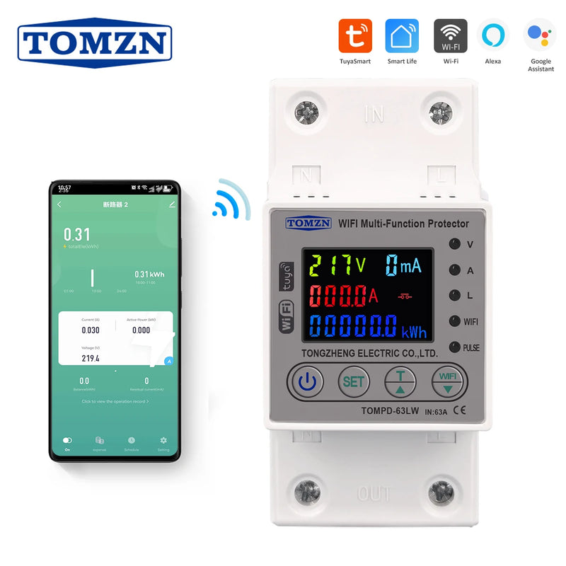 TOMZN 63A 80A WIFI Smart Energy Meter Kwh Metering Circuit Breaker Timer with Voltage Current and Leakage Protection TUYA TOMPD