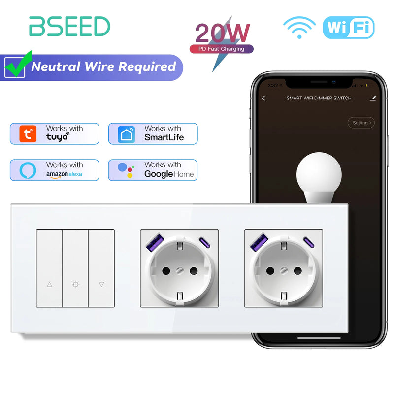 BSEED WIFI Dimmer Switch 1/2/3/4Gang Smart Click Button Switch Glass Panel White LED Indicator Tuya Smart Life Alexa Control
