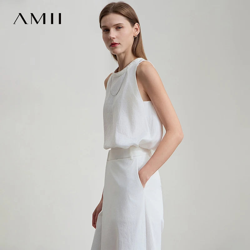 AMII Holiday Summer Vest Women 2026 Round Neck Solid Stitching Textured Ribbon Loose Vests Female Fashion Office Lady 12552045