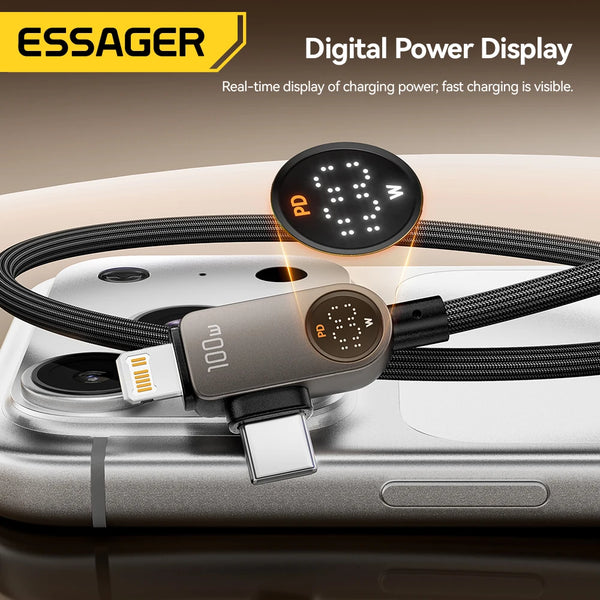 ខ្សែសាក Essager 2 in 1 USB Type C 100W PD Fast Charging Wire Type C To Lighting Cable សម្រាប់ iPhone 17 16 15 14 MacBook iPad Xiaomi