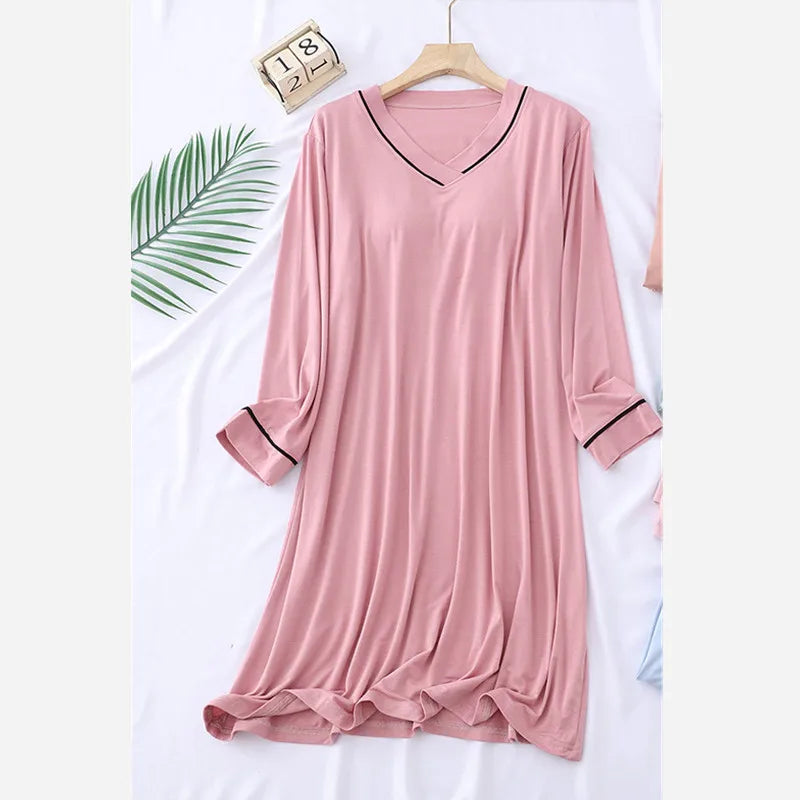 New Comfortable Modal Nightgowns Women Chest Pad Long-Sleeved Nightdress Spring Sleeping Dress Casual V Neck Ladies Nightshirt