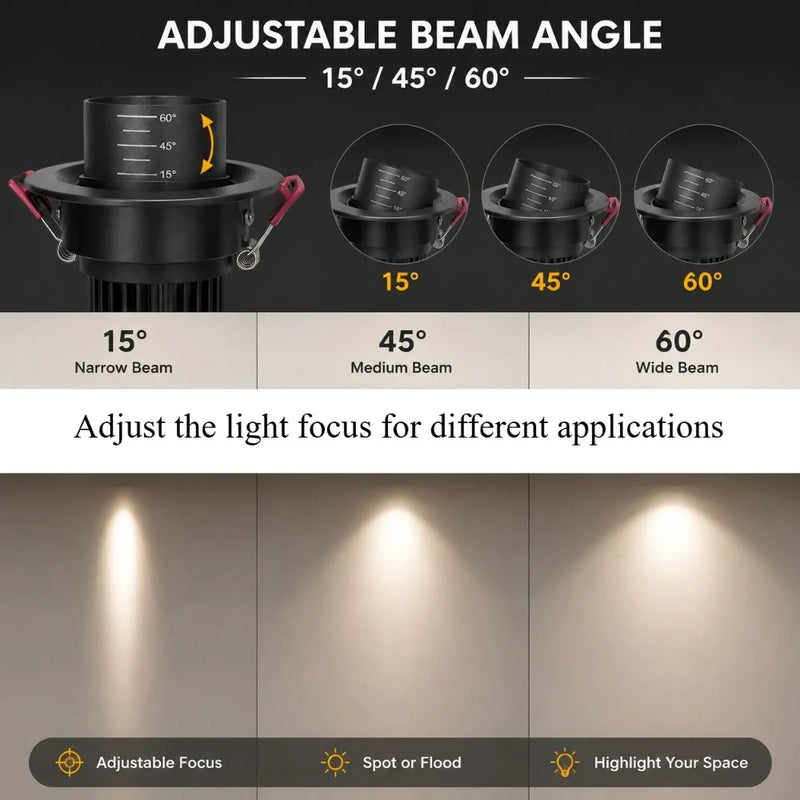 ភ្លើងពិដាន JOYINLED 7W អាចពង្រីកបាន អំពូល LED COB អាចបន្ថយពន្លឺបាន ចង្កៀងពណ៌សខ្មៅ 2800K-6500K មុំធ្នឹមអាចលៃតម្រូវបាន