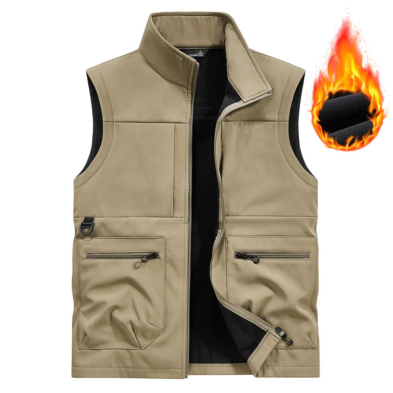 multi-pocket outdoor fishing suit vest coat  New workwear soft-shell with fleece vest LOGO printing casual men's vest