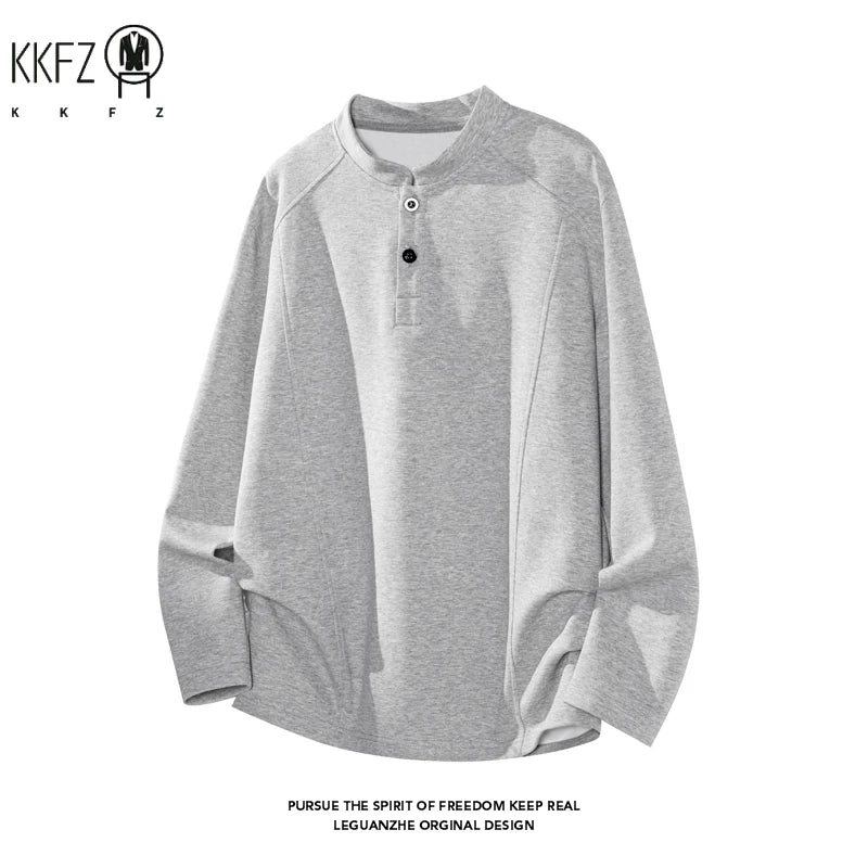 Male Raglan Sleeve Henley Pullover Stand Collar Two Button Long Sleeve Breathable Fabric Casual Travel Garment