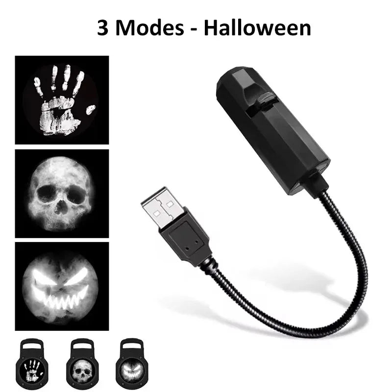ម៉ាស៊ីនបញ្ចាំង LED Halloween មាន 3 របៀប លំនាំភ្លើងពេលយប់ដែលអាចបំភាន់វិញ្ញាណបាន ម៉ាស៊ីនបញ្ចាំងបង្អួចដែលដំណើរការដោយ USB សម្រាប់ជញ្ជាំងពិដានពិធីជប់លៀង