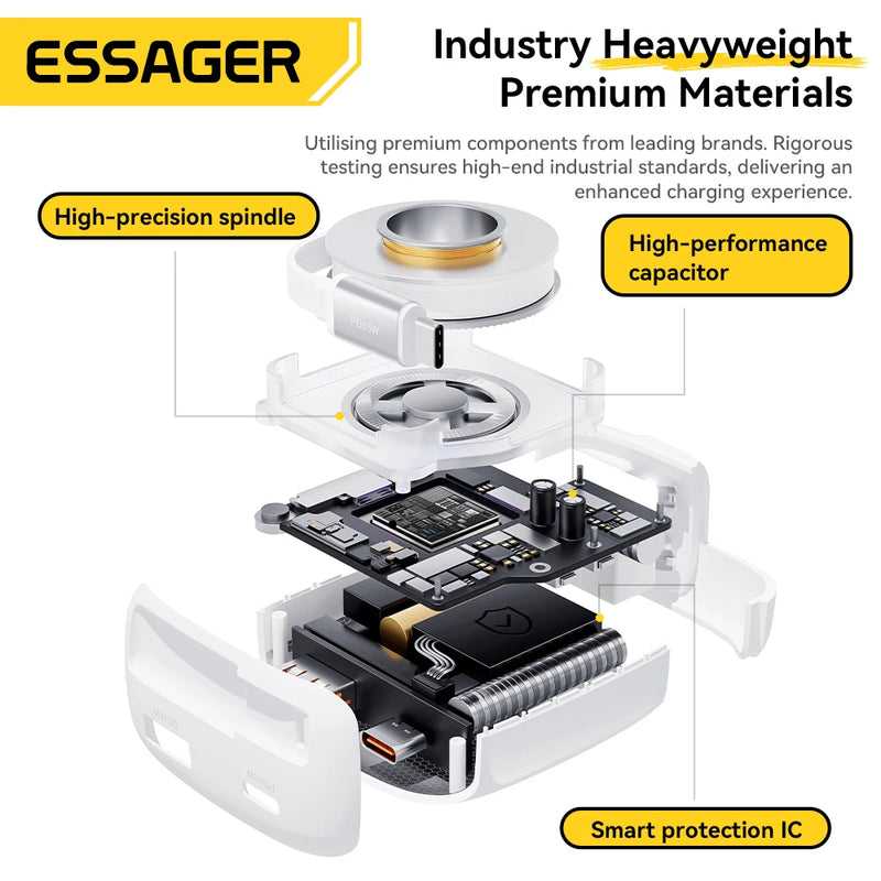 ឆ្នាំងសាក Essager 65W GaN Pro ជាមួយខ្សែប្រភេទ C ដែលអាចដកថយបាន 3 ក្នុង 1 ឆ្នាំងសាកធ្វើដំណើរលឿនសម្រាប់ iPhone 17 16 Pro Samsung Laptop Macbook