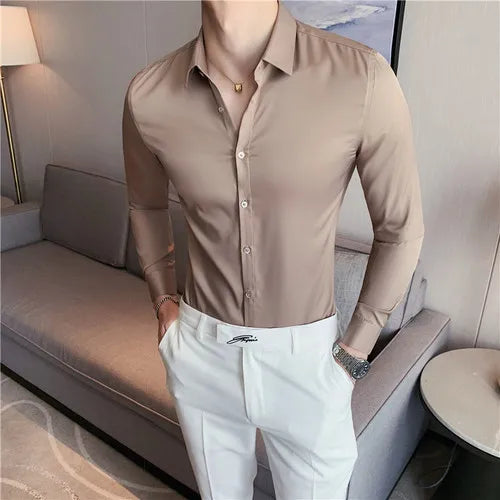 2026 New Men's Dark Green Slim-Fit Long Sleeve Shirt, Fashion Casual Business Top for Man in Black/White
