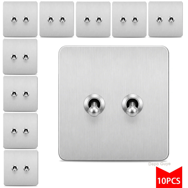 5/10PCS Toggle Wall Switch Grey Stainless Steel ,1/2/3/4 Gang 2Way Light Brass Lever Switch Panel For Home Improvement