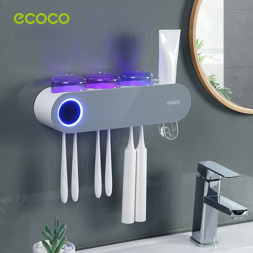 ECOCO Toothbrush Sterilizer UV Holder Toothpaste Dispenser Bathroom Toothbrush Storage Box Multi-function Storage Holder Gray