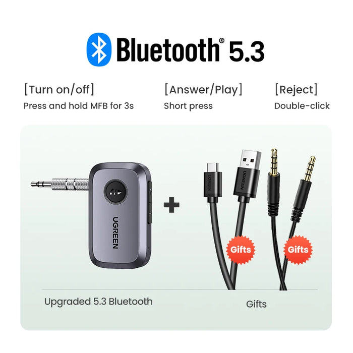 UGREEN Bluetooth Car Receiver Adapter 3.5mm AUX Jacks for Car Speakers Audio Music Receiver Hands Free Bluetooth 5.3 Adapter Silver CHINA