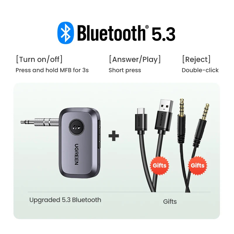 UGREEN Bluetooth Car Receiver Adapter 3.5mm AUX Jacks for Car Speakers Audio Music Receiver Hands Free Bluetooth 5.3 Adapter