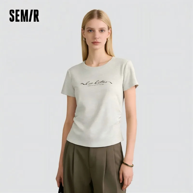Semir Womens Tshirt 2026 Short Style Slim Printed Regular Shoulder Ruched Waist Slim Fit Casual Soft Daily Wear