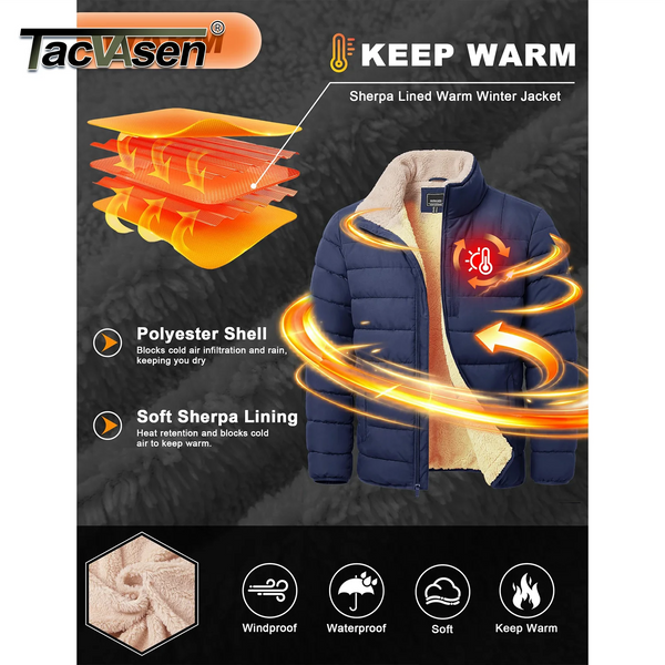 TACVASEN Puffer Jacket for Men Sherpa Lined Warm Winter Coat Insulated Water Resistant Windproof Casual Travel 4 Pockets Outwear