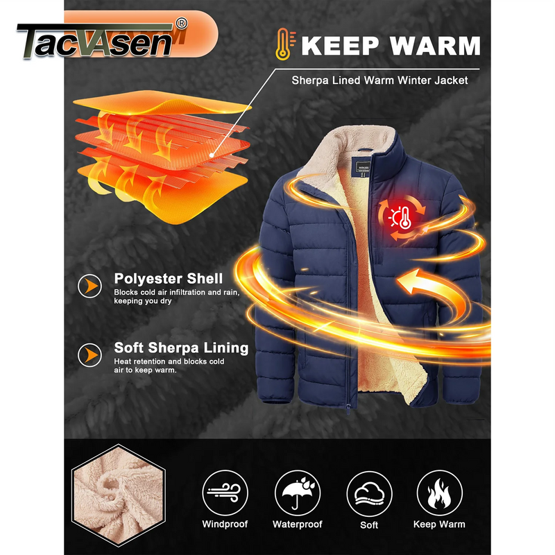 TACVASEN Puffer Jacket for Men Sherpa Lined Warm Winter Coat Insulated Water Resistant Windproof Casual Travel 4 Pockets Outwear