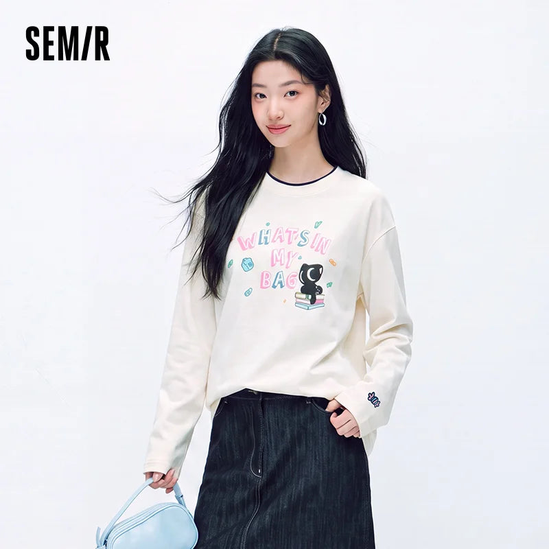 Semir Women Tshirt Cotton Fabric Color Block Long Sleeve Oversized Fit Mid Length Retro Style 2026 Autumn Soft Comfort