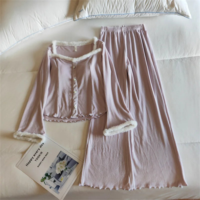High-end Island Velvet Pajamas Woman New Fall Winter Sleepwear Warm Long Sleeve Nightwear Set Chest Pad Women‘s Home Clothes