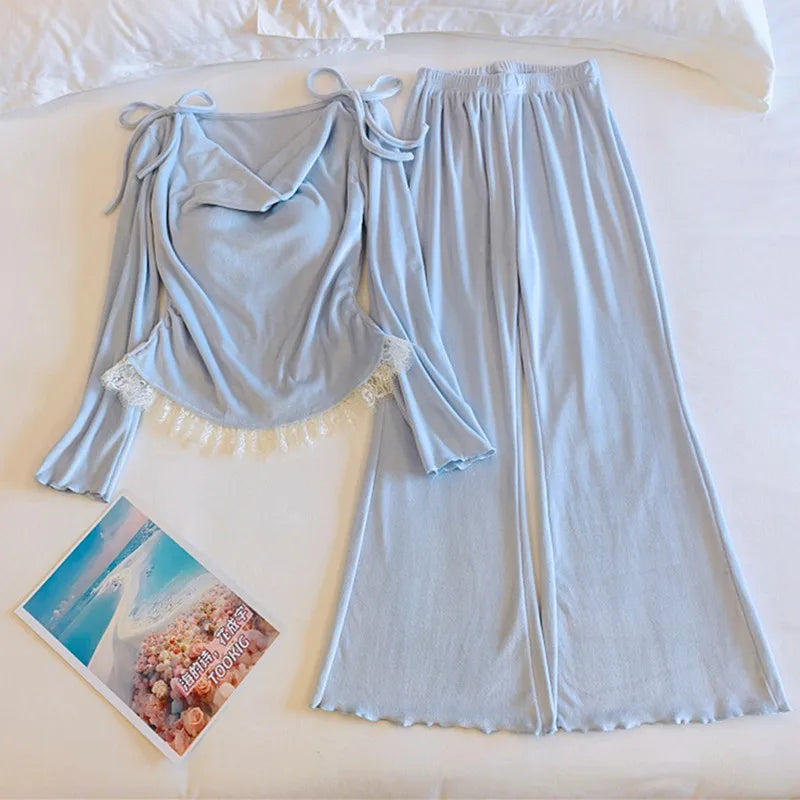 Korean Women Winter Sleepwear Set New Chest Pad Top Pant Suit Lounge Home Pajama Island Velvet Sleeping Clothes Pyjamas Femme