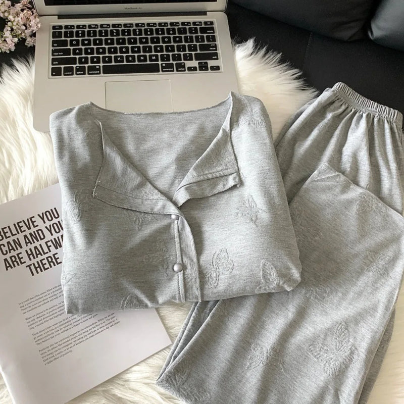 Women's Pajamas Set 2 Piece Chest Pads Sleepwear Casual Loungewear for Spring Autumn Long Sleeve Soft Home Wear Pyjama Femme
