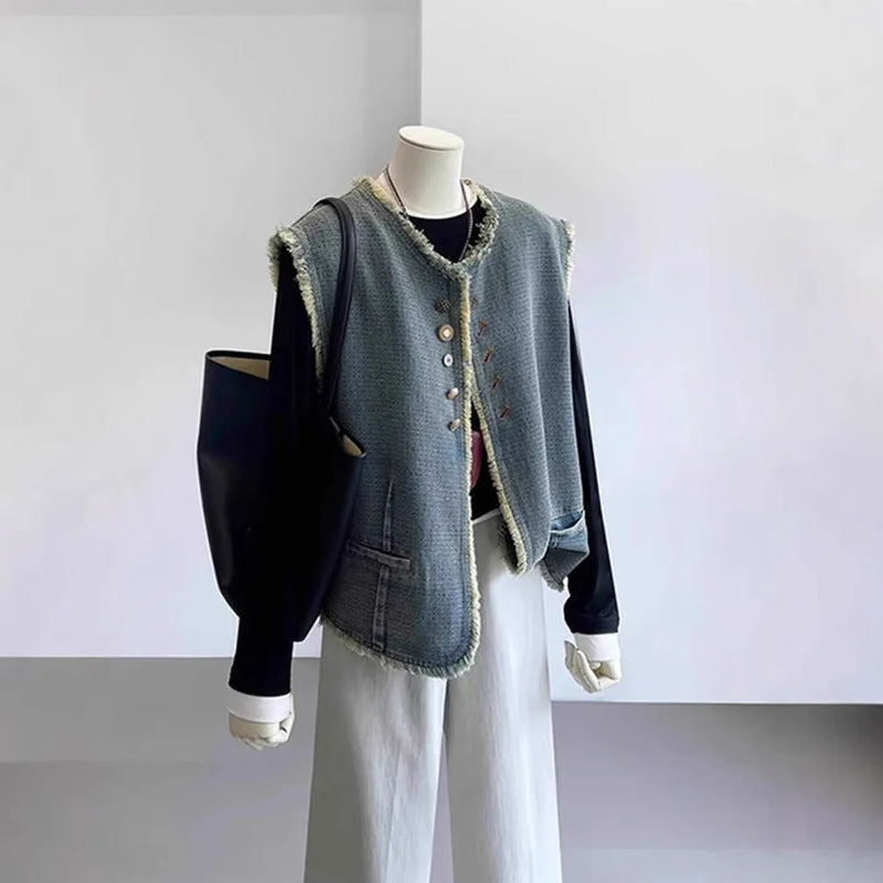 Retro Rough Edge Denim Vest Jacket Women's Spring Autumn Coat Fashionable Loose Sleeveless Top Female Waistcoat Casacos Traf