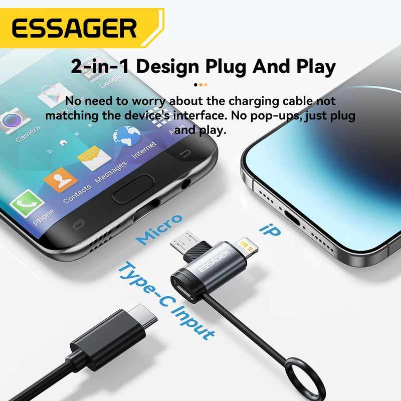 អាដាប់ទ័រភ្លើង/មីក្រូ Essager 2 ក្នុង 1 សាកថ្មលឿន USB ប្រភេទ C សម្រាប់ iPhone 17 16 15 14 13 12 11 iPad Converter